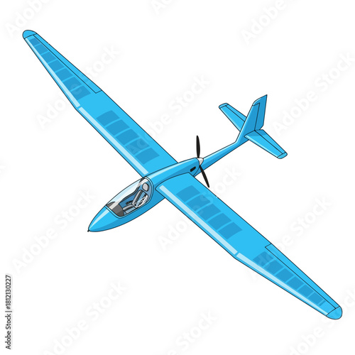 Detailed illustration of a blue motor glider aircraft with solar panels on its wings, viewed from an aerial perspective.
