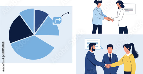Business meeting and pie chart analysis for growth strategy.
