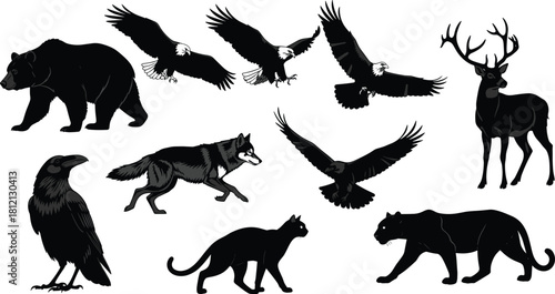 Set of black vector wild animals featuring bear, eagle, wolf, deer, raven, and panther silhouettes, isolated on white background for nature design