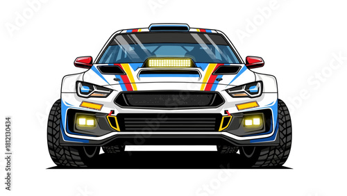 Front view of a pixel art rally car with racing livery