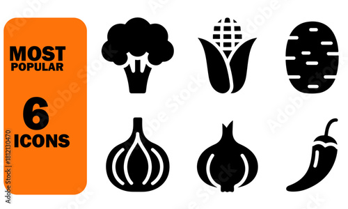 Collection of monochrome vegetables icons broccoli corn potato onion garlic and chili pepper