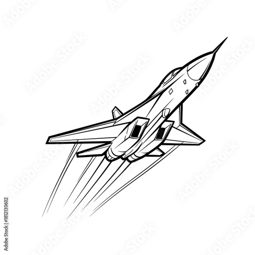 Black and white illustration of a fighter jet soaring through the air with speed lines.