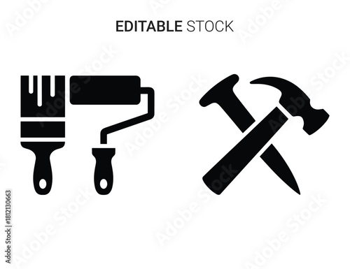 Construction and home improvement tools: hammer, paintbrush, paint roller icons set.