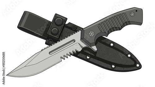 Gray tactical knife with serrated edge and sheath