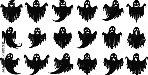 Set of spooky black ghost silhouettes with different scary and funny expressions, vector illustration collection isolated on white background for Halloween design