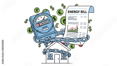 House chained to energy meter and bill with currency symbols