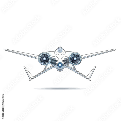 A sleek, futuristic white aircraft with two large engines and swept wings, viewed from the front, against a white background.