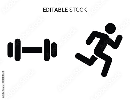 Dumbbell and running man silhouette icons representing fitness, exercise, gym, and active lifestyle.