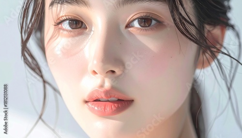日本人, 超リアル, 若い美しい女性, 顔アップ, 滑らかな肌, ツヤのある肌質, ナチュラルメイク, 柔らかな光, 美容広告風, シネマティック, カメラ目線, 高画質, Japanese, ultra-realistic, young beautiful woman, face close-up, smooth skin, radiant complexion, natural makeup