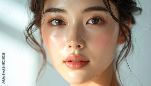 日本人, 超リアル, 若い美しい女性, 顔アップ, 滑らかな肌, ツヤのある肌質, ナチュラルメイク, 柔らかな光, 美容広告風, シネマティック, カメラ目線, 高画質, Japanese, ultra-realistic, young beautiful woman, face close-up, smooth skin, radiant complexion, natural makeup