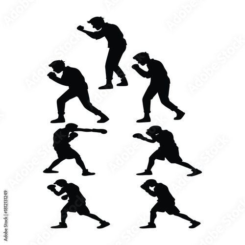 Boxing silhouettes in black on white, showing punches, stances, and athletic motion in action