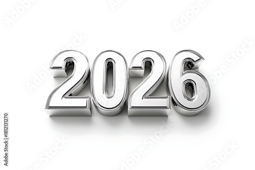 Silver 2026 Numbers on White Background New Year, Future, Date and Calendar Year