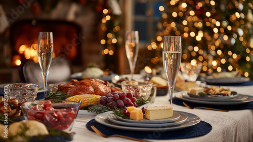 Still Life of Empty Champagne Flutes with Fruit and Cheese Platters on Festive Christmas Dinner Table with Blurred Holiday Lights, Copy Space