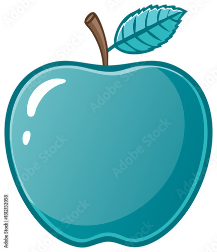 Single Teal Apple with a Leaf and Stem Smooth Texture and Shiny Highlights