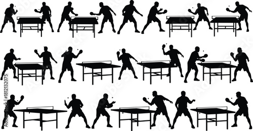 Table tennis player silhouette vector set, men playing ping pong match, sport championship collection, active athletes with racket and table, isolated on white background