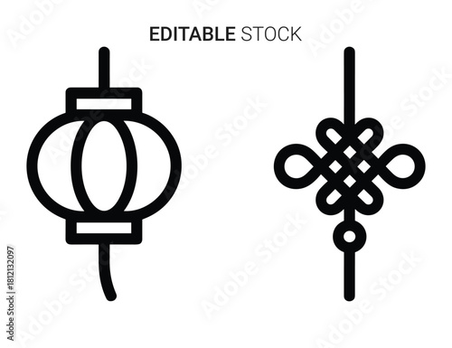 Traditional chinese lantern and lucky endless knot line icons set. asian cultural symbols.