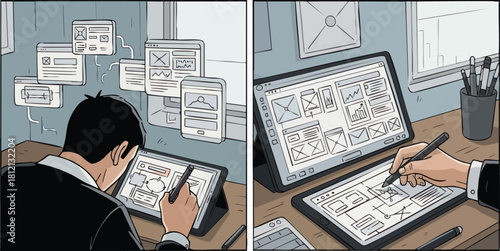 Designer working on digital wireframes and user interface mockups on a tablet.