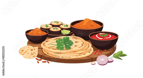Authentic Indian thali platter with fresh naan bread assorted curries and dips on a wooden board isolated on white background.