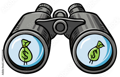 Binoculars viewing money bags symbolizing financial opportunity and investment search