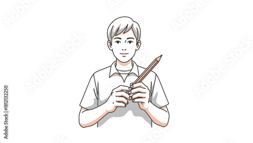 Man holding pencil light skin short hair wearing collared shirt