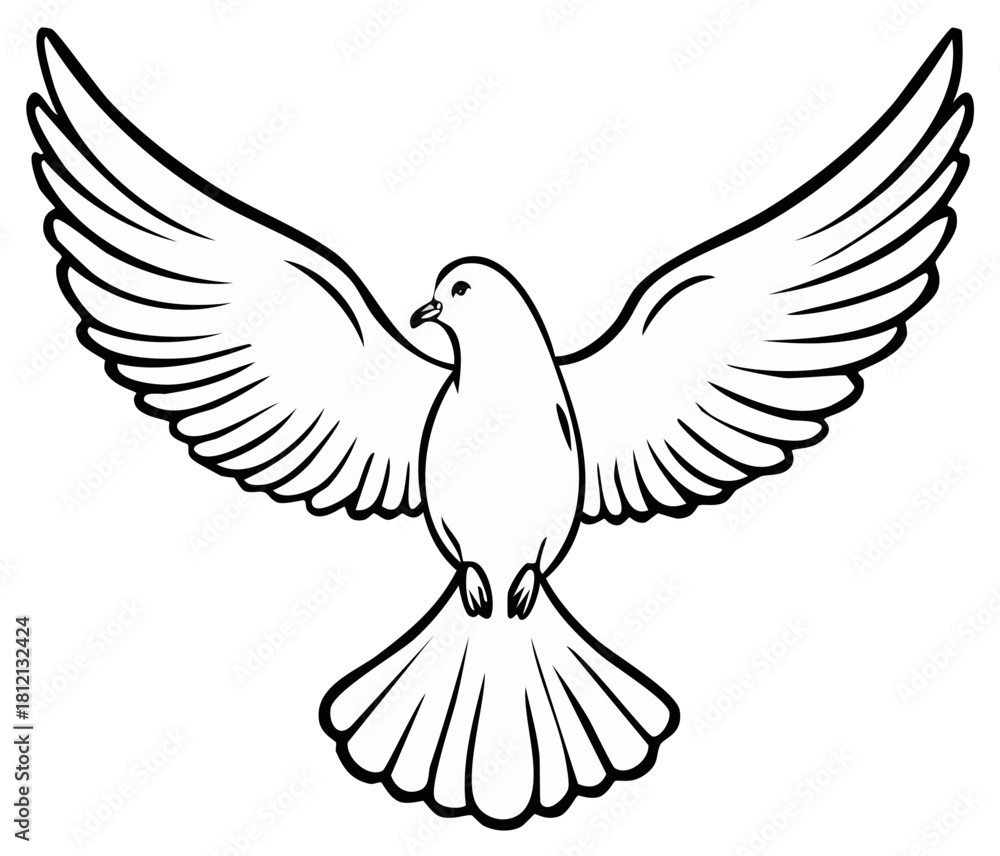 Obraz premium Flying white dove with outstretched wings in simple line art symbolizing peace and freedom