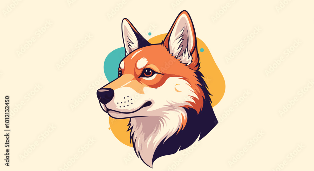 Obraz premium Stylized portrait illustration of a shiba inu or akita dog head with an intelligent gaze and colorful abstract background shapes.