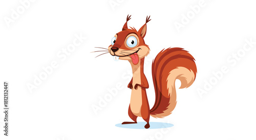 A funny cartoon squirrel with big eyes and a fluffy tail stands while sticking its tongue out in a silly cute expression.