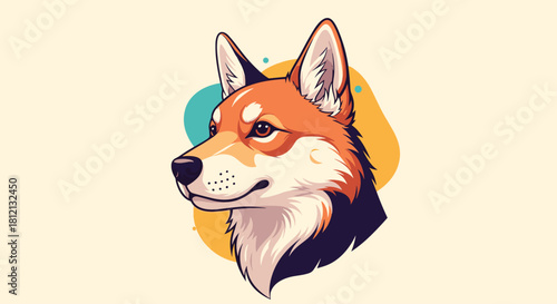 Stylized portrait illustration of a shiba inu or akita dog head with an intelligent gaze and colorful abstract background shapes.