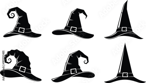 Witch hat silhouette vector set, black halloween costume accessory collection, magic wizard headwear icons, spooky holiday design elements isolated on white background