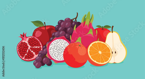 A colorful arrangement of fresh ripe fruits including dragon fruit orange pear pomegranate and grapes on a teal background.