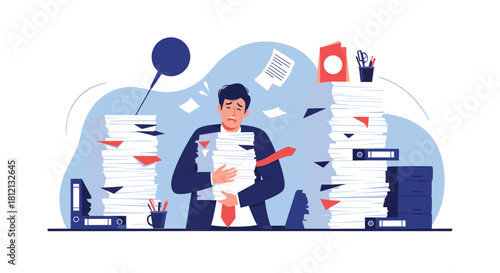 Overwhelmed and stressed businessman buried in stacks of paperwork and binders at his messy office desk needing help illustration.
