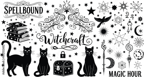 Witchcraft symbols, magical elements, black and white vector illustration, spellbound theme, mystical icons, celestial motifs, enchanted design, occult concept