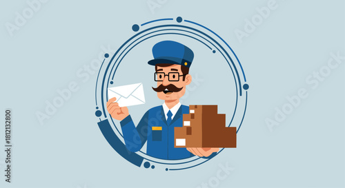 A postman in a blue uniform and cap with a mustache holds a letter and a stack of packages inside a circular frame design.