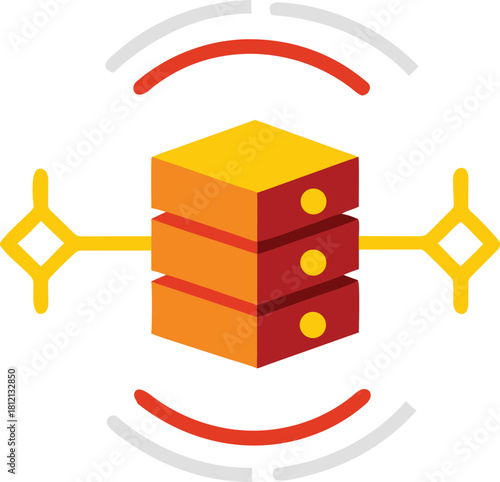 3d isometric illustration of a multi-layered server rack with network connection symbols on a white background, symbolizing data storage and transfer.