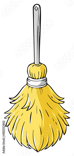 Yellow cartoon feather duster with a long handle, isolated cleaning tool illustration.