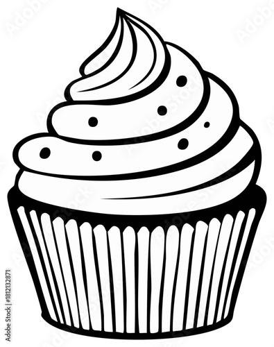 Cupcake with Cream Frosting and Sprinkles Decorative Black and White Line Art