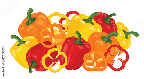 A large pile of fresh red yellow and orange bell peppers both whole and sliced on a clean white vector background.