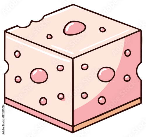 Cartoon cheese block with holes and bite marks on a white background