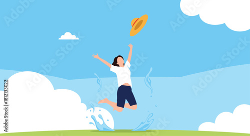 A happy woman jumps for joy in the air throwing her hat up in a field with a blue sky and white clouds in the background.
