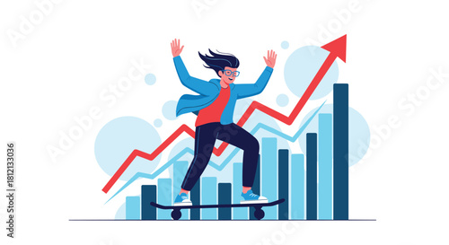 A happy person on a skateboard rides up a rising bar graph with a red arrow indicating success growth and achievement.