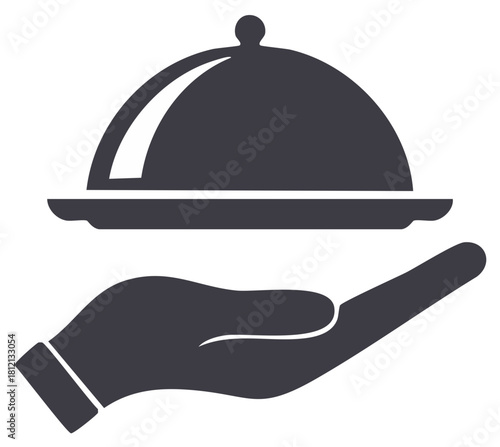 Hand holding a cloche food platter icon. Restaurant and catering service symbol.
