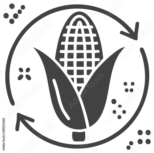 Corn cultivation cycle icon with circular arrows and seeds illustrating agricultural sustainability