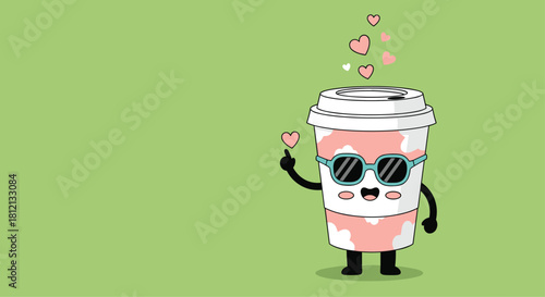A cute kawaii coffee cup character with sunglasses smiles and makes a finger heart gesture with floating pink hearts around it.