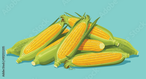A large pile of fresh yellow corn on the cob with green husks is shown in a detailed illustration on a teal background.