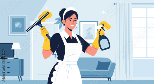 A cheerful maid in a classic uniform and apron holds cleaning supplies like a squeegee and spray bottle in a tidy room.