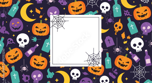 A fun Halloween pattern background with pumpkins skulls and spiderwebs features a blank square frame in the center for text.