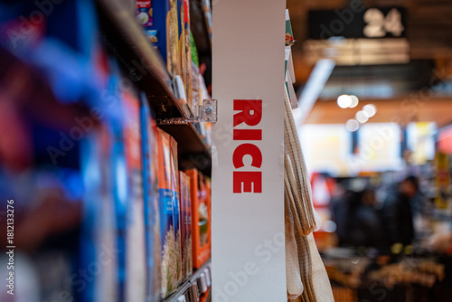 View of rice aisle sign in supermarket.