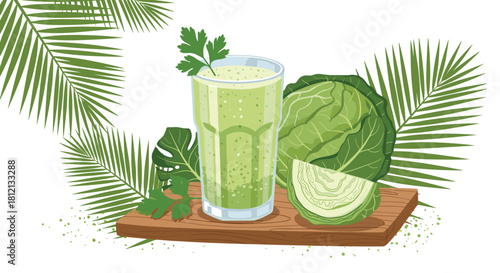 A healthy green smoothie made from cabbage and parsley is shown in a glass surrounded by tropical leaves and ingredients.
