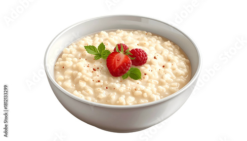 Creamy rice pudding in a white bowl topped with berries and herbs