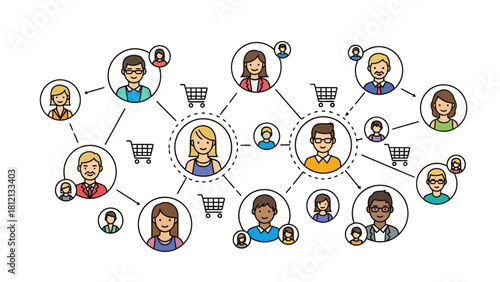 Network diagram of people connected by lines and shopping carts